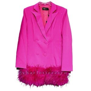 NWT Nova Luxe • Hot Pink Blazer Mini Dress with Osterich Boa Trim